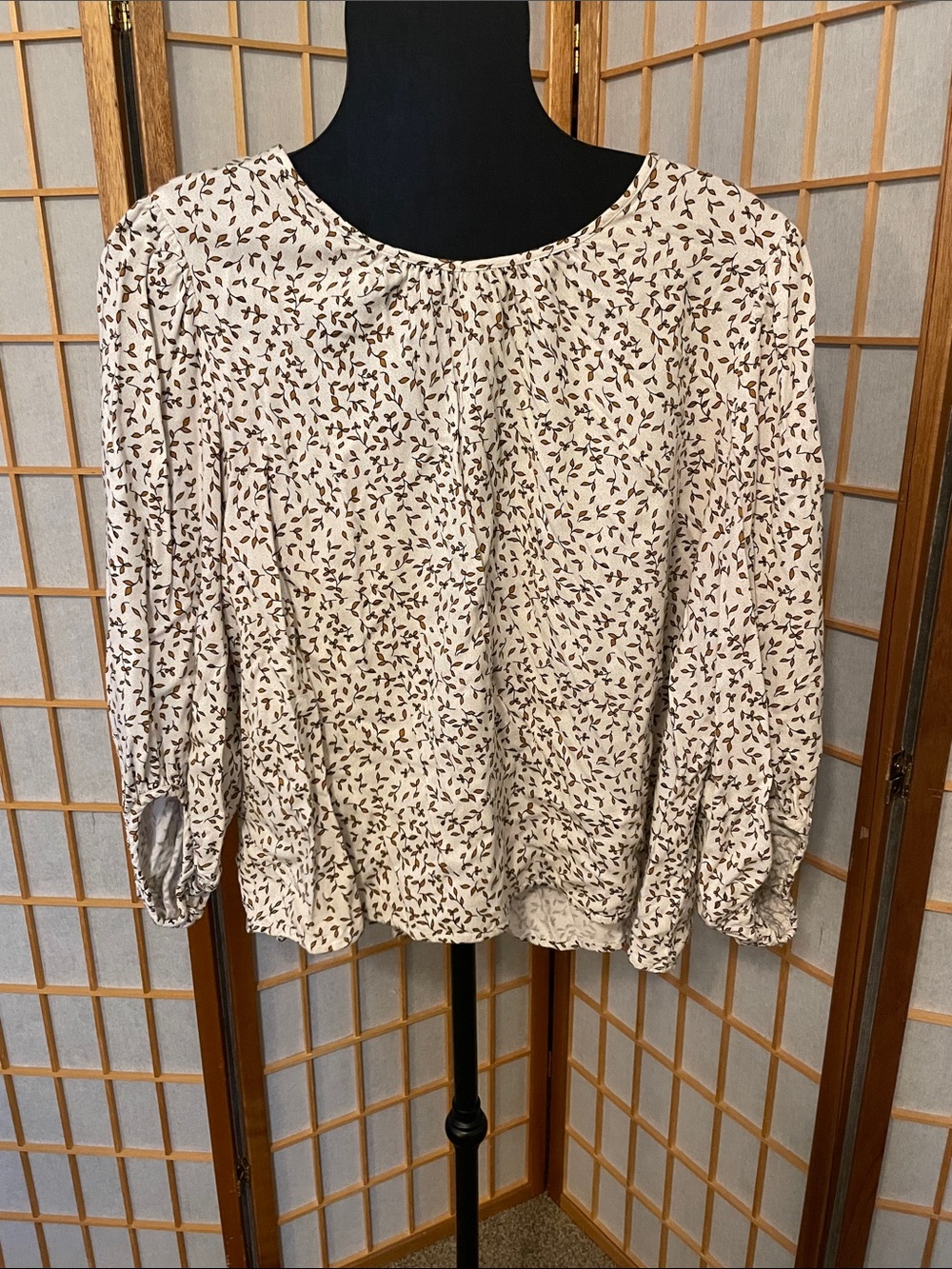 a.n.a Cream Rayon Blouse with Brown Floral Print and Puff Sleeves